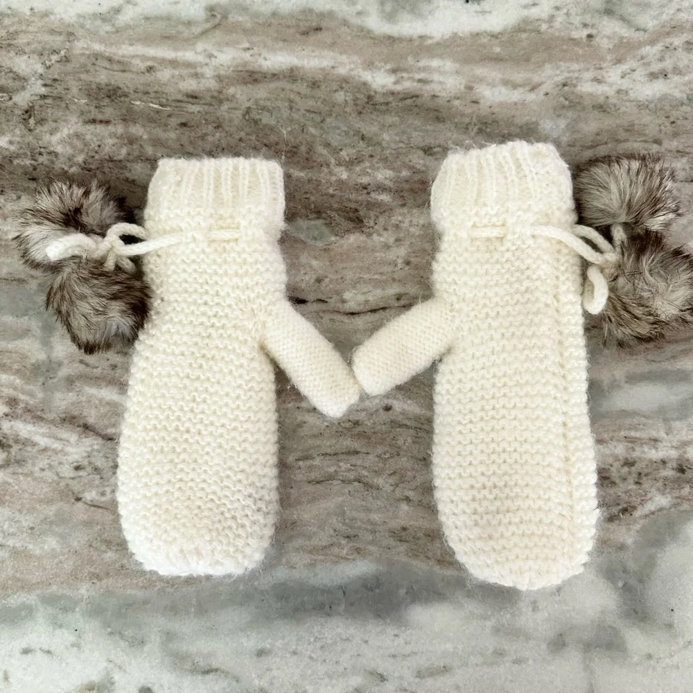 Cream Cozy Fleece Lined Knit Mittens Faux Fur Pom Poms - Winter / Cold Weather